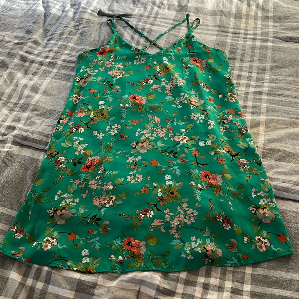 Green floral sun dress with cross back detail